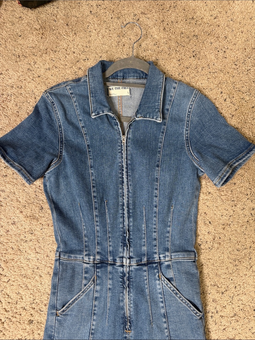 We The Free Blue Denim Short-Sleeve One-Piece Jumpsuit S - Picture 2 of 5